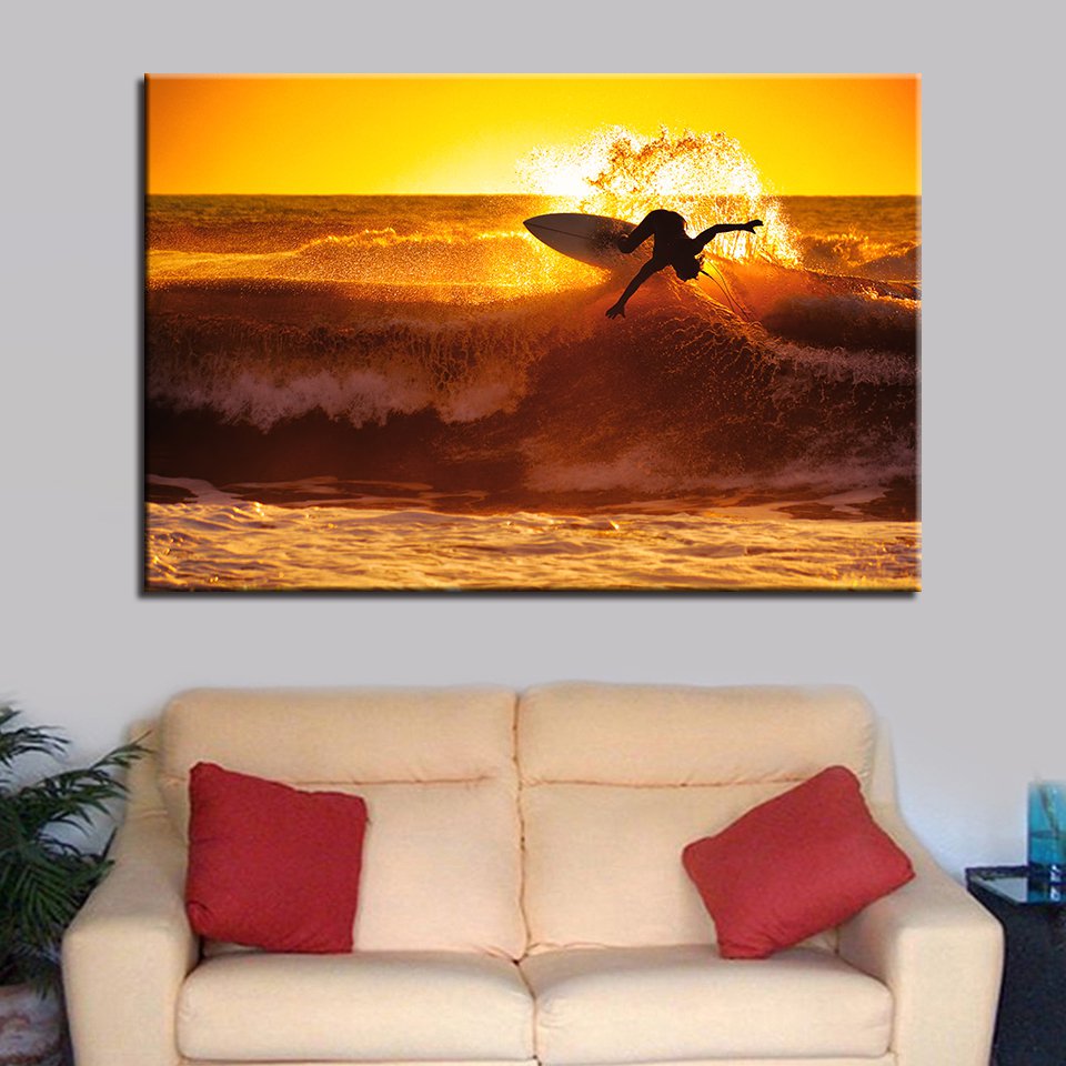 1 Panel HD Printed Sunset Surfing Ocean Wave Posters Pictures Wall Art Canvas Painting-With Framed