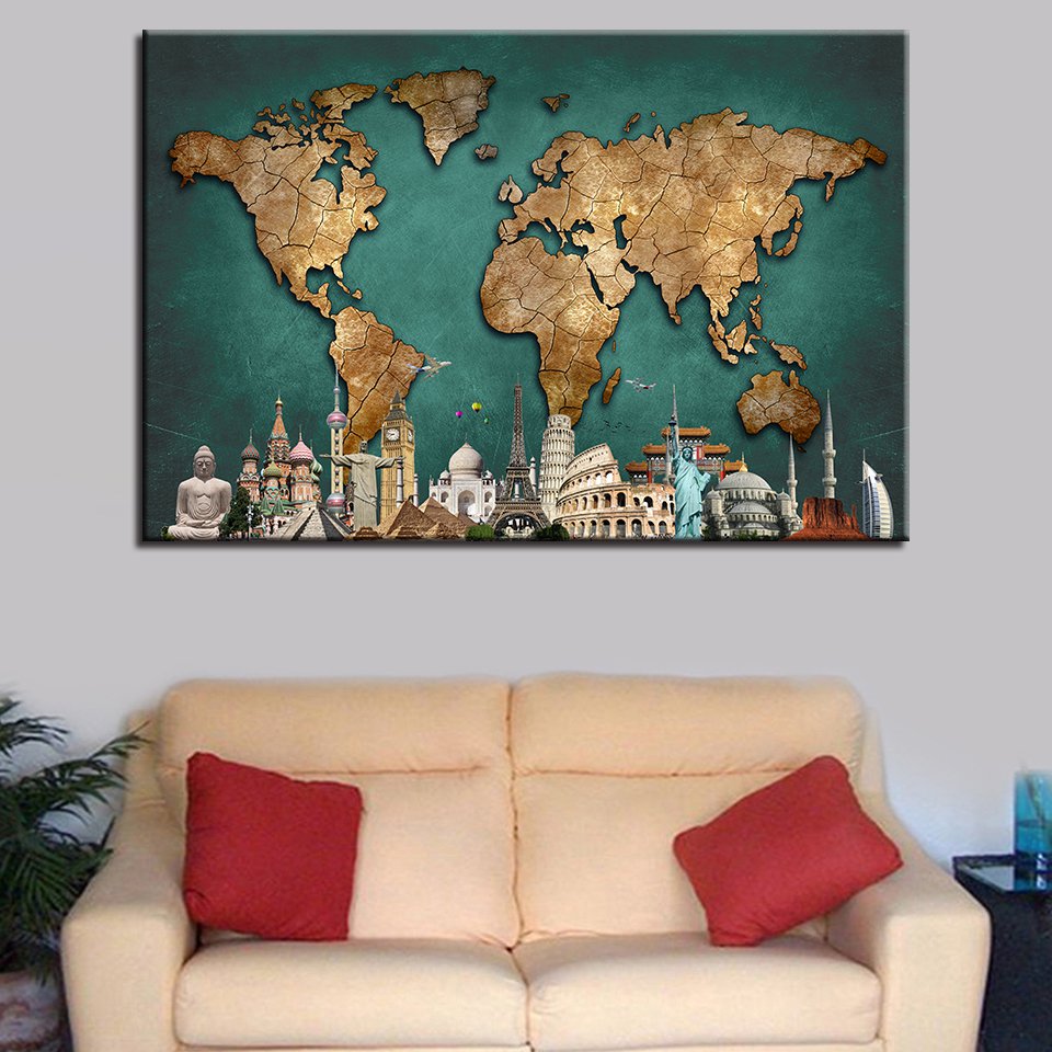 1 Panel HD Printed Vintage World Map Posters Pictures Wall Art Canvas Painting-With Framed