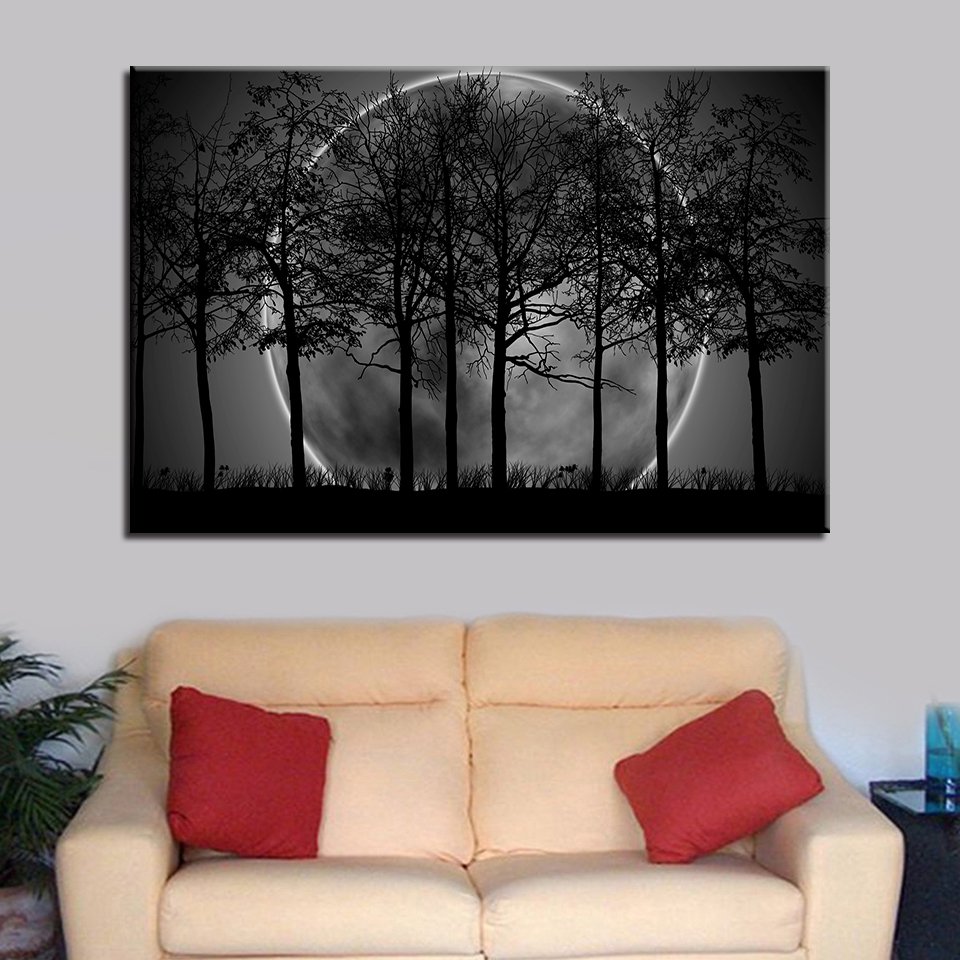 1 Panel HD Printed Black White Moon Night Posters Pictures Wall Art Canvas Painting-With Framed