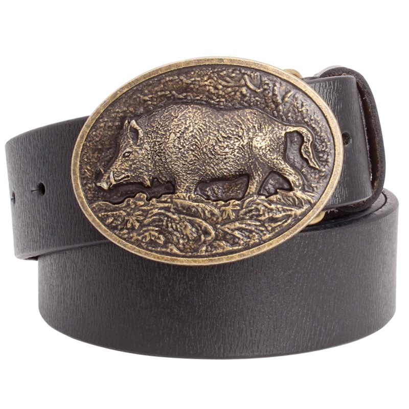 Men's PU Leather Belts With Cowboy Wild Boar Metal Buckle Head Jeans Belt Waistband