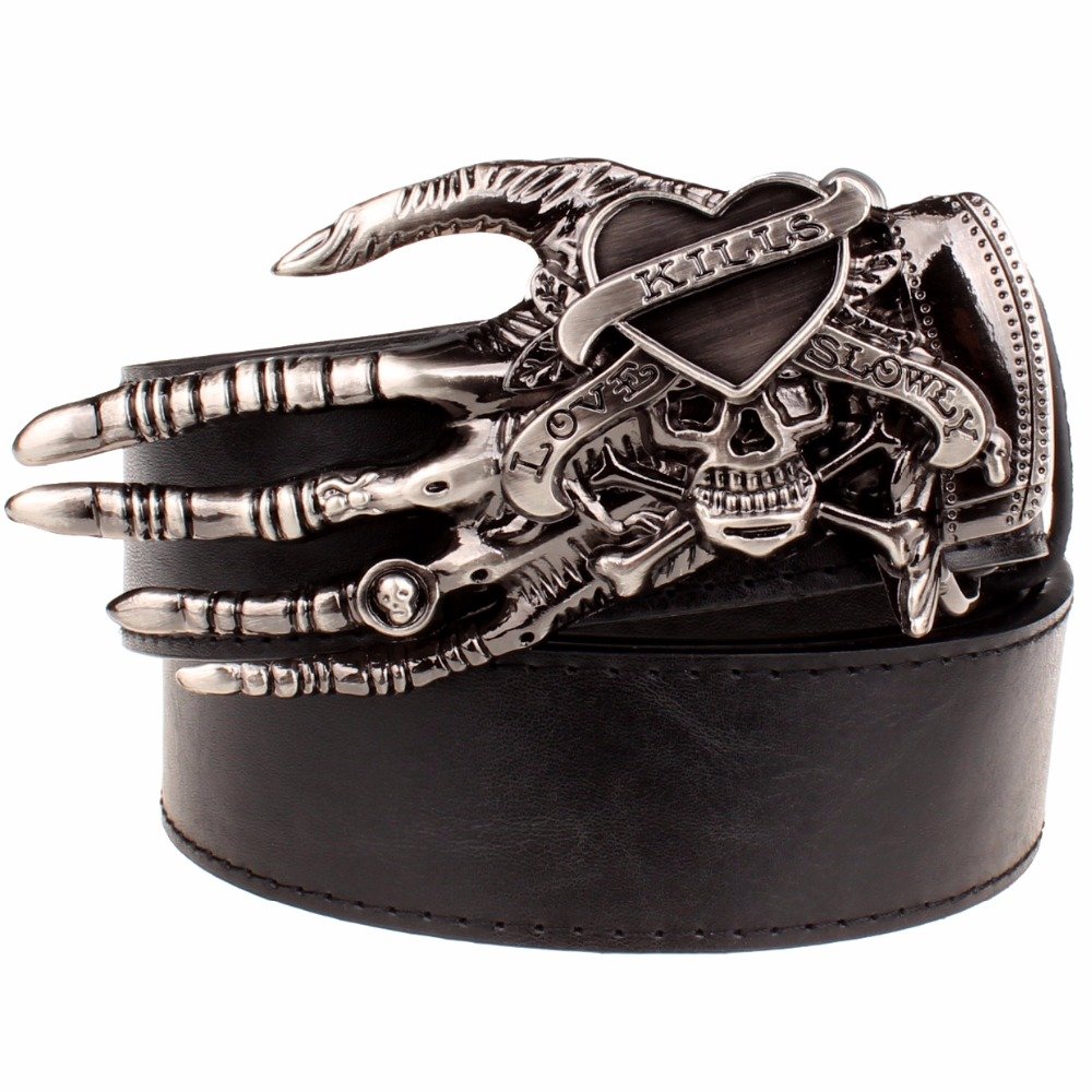 Men's PU Leather Belts With Cowboy Skeleton Hand Love Kills Metal Buckle Head Jeans Belt Waistband
