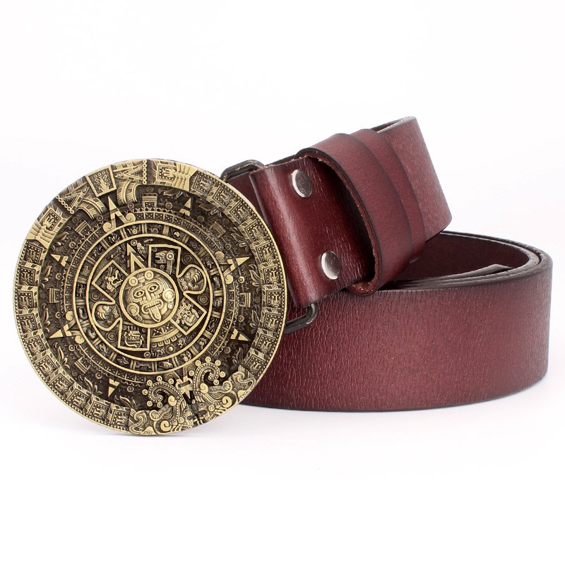 Men's PU Leather Belts With Cowboy Aztec Sun Calendar Metal Buckle Head Jeans Belt Waistband