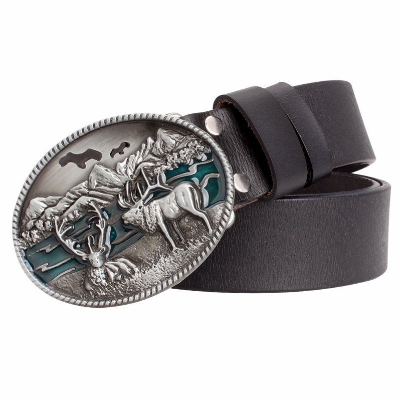 Men's PU Leather Belts With Elk America Moose Cowboy Metal Buckle Head Jeans Belt Waistband