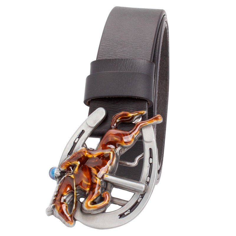 Men's Leather Belts With Horse Racing Cowboy Metal Buckle Head Jeans Waistband PU Leather Belts
