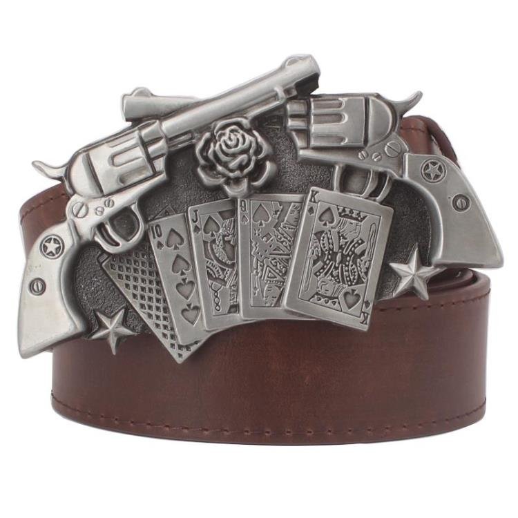 Men's Leather Belts With Gun Card Cowboy Metal Buckle Jeans Waistband PU Leather Belts