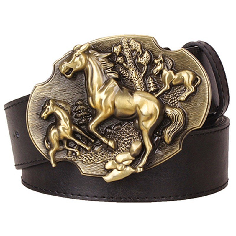 Men's Leather Belts With Knight Golden Horse Cowboy Metal Buckle Jeans Waistband PU Leather Belts