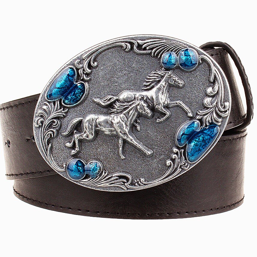 Men's Leather Belts With Horse Pattern Cowboy Metal Buckle Jeans Waistband PU Leather Belts
