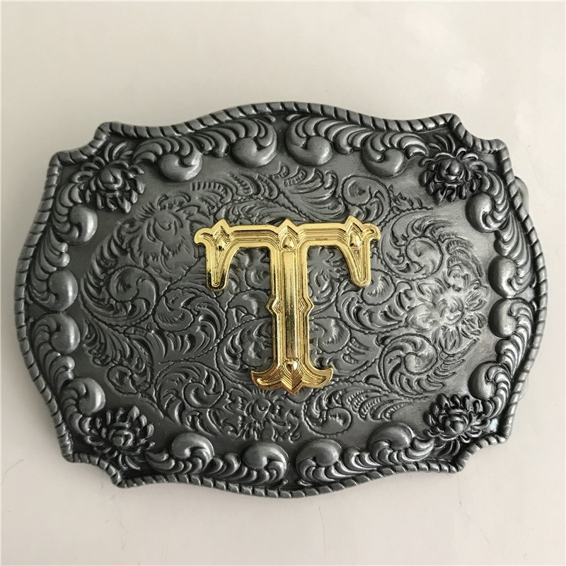 Golden T Initial Letter Western Cowboy Men's Belt Buckles Fit 4cm Wide Belt