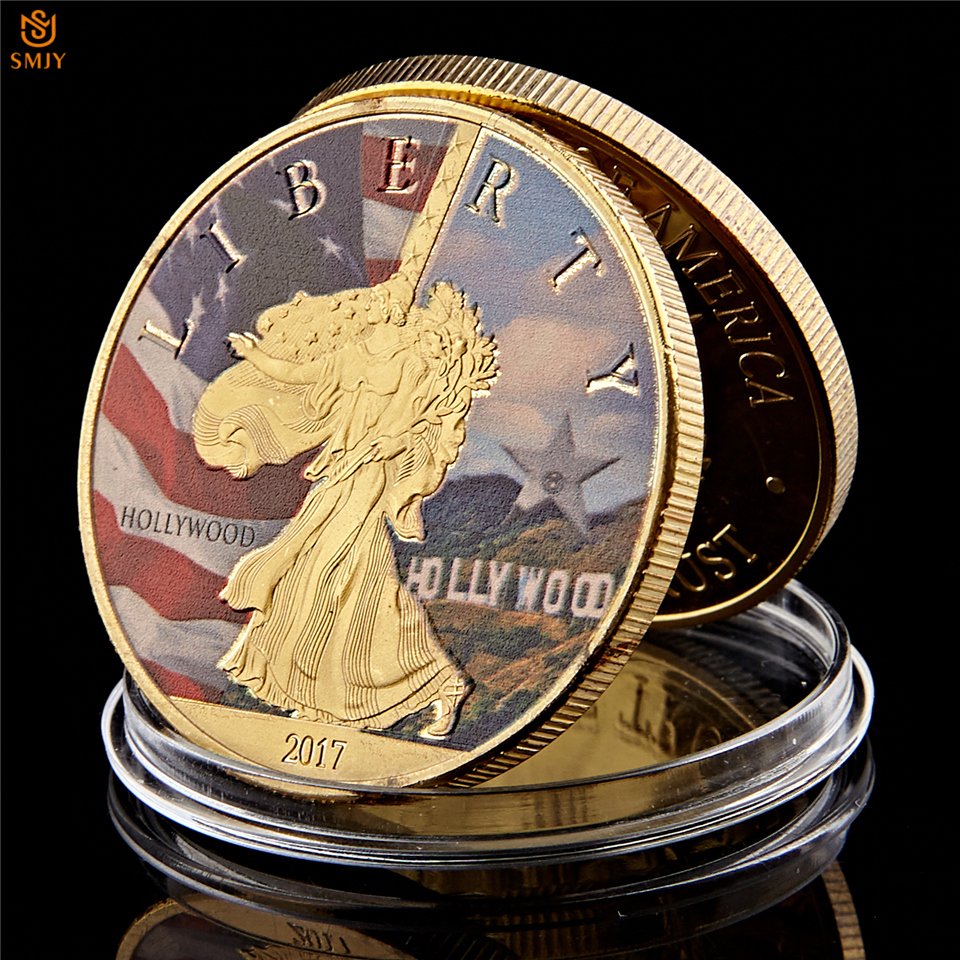 USA Statue Of Liberty Hollywood Movie Sign Gold Metallic Colored Copy Coin For Collection
