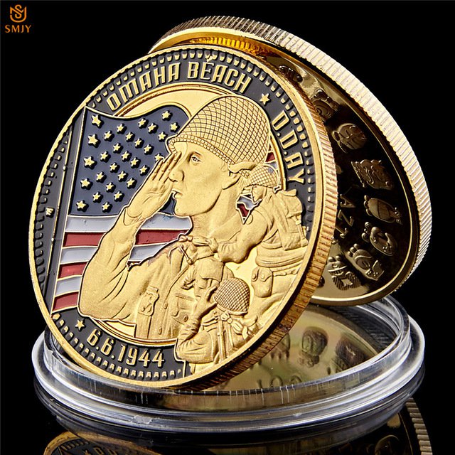WW II 1944.6.6 D-Day Omaha Beach Gold Plated Cimetiere American Military Copy Coin For Collection