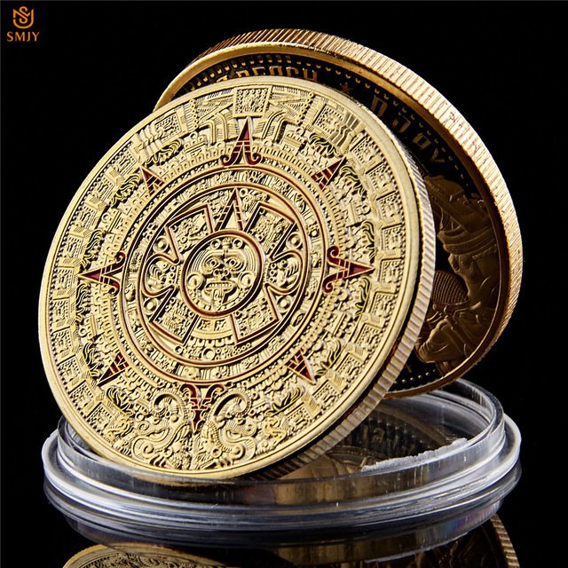 Mexican Maya Aztec Calendar Prophecy Culture Gold Plated Copy Coin For Collection