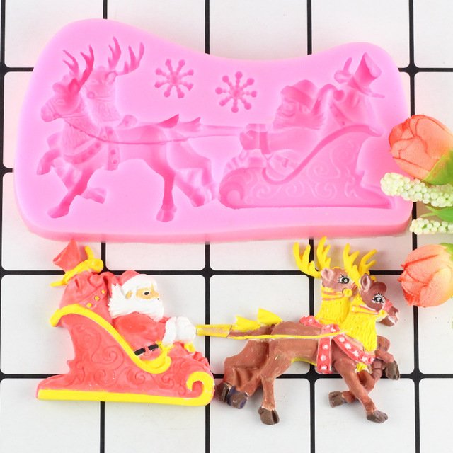 1 Pcs Christmas Sleigh Deer Snowflake Santa Claus Silicone Cake Mould Fondant Mold