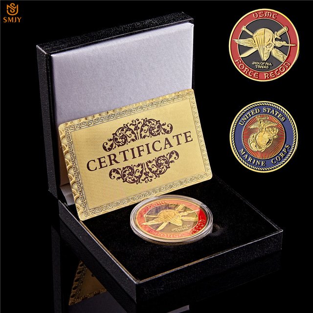 USA Marine Corps Force Recon USMC Gold Military Challenge Coin With Box