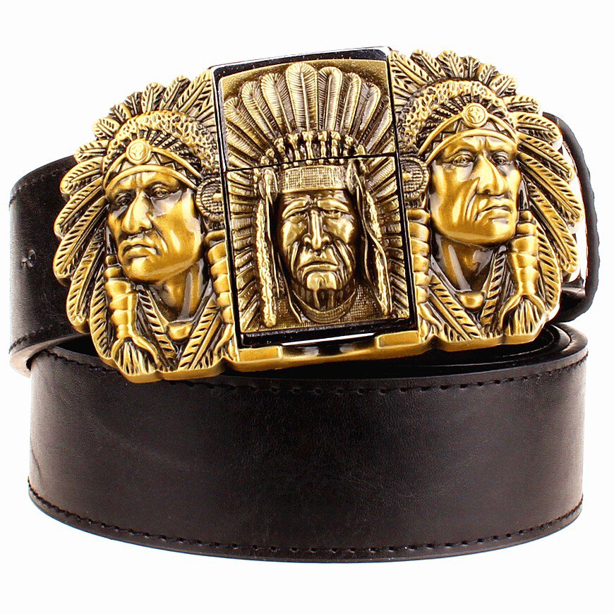 Men's Leather Belts With Lighters Indian Chief Cowboy Metal Buckle Jeans Waistband PU Leather Belts