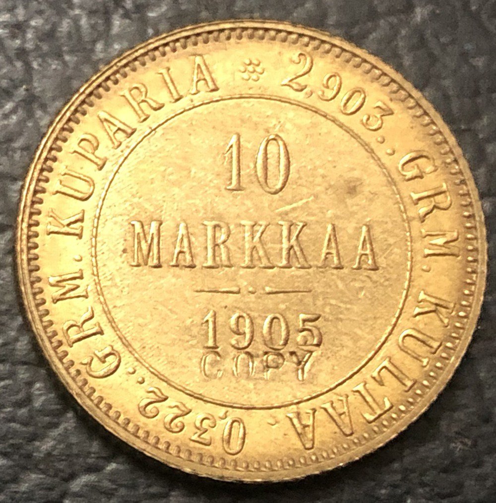 1905 Finland 10 Markkaa-Aleksandr II / Nikolai II Copy Gold Coin