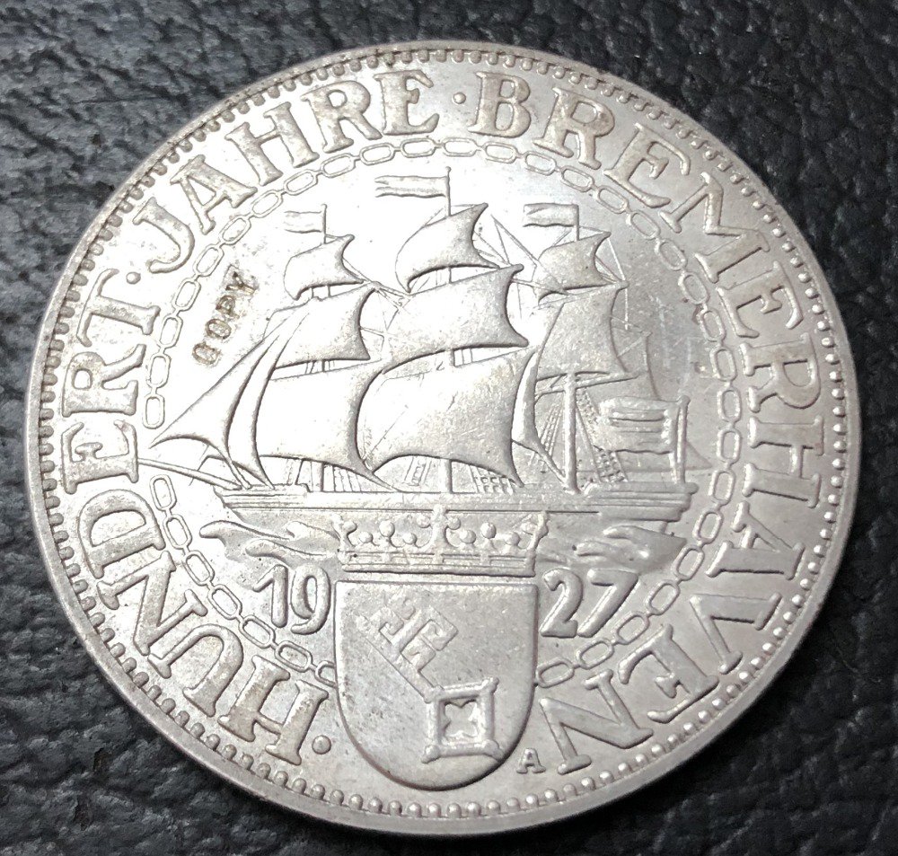 1927 Germany-1871-1948 5 Reichsmark Bremerhaven Silver Plated Copy Coin