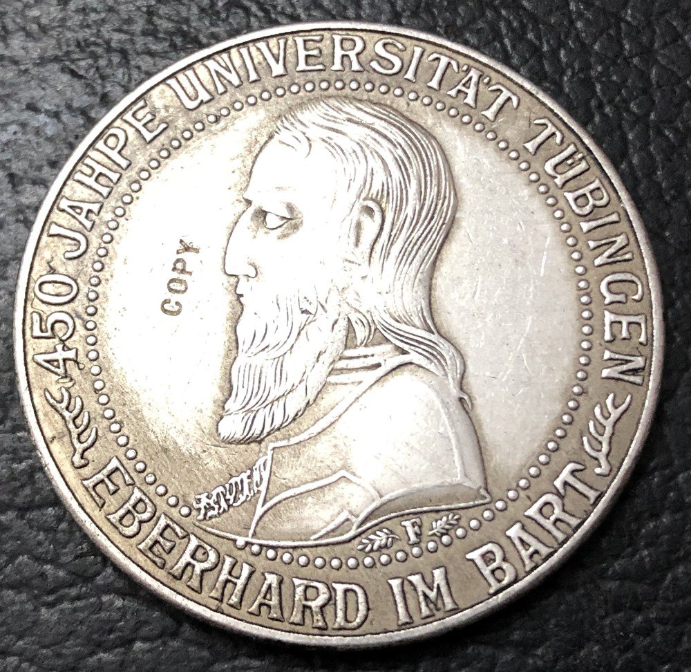 1927-F Germany-1871-1948 5 Reichsmark Tubingen University Silver Plated Copy Coin
