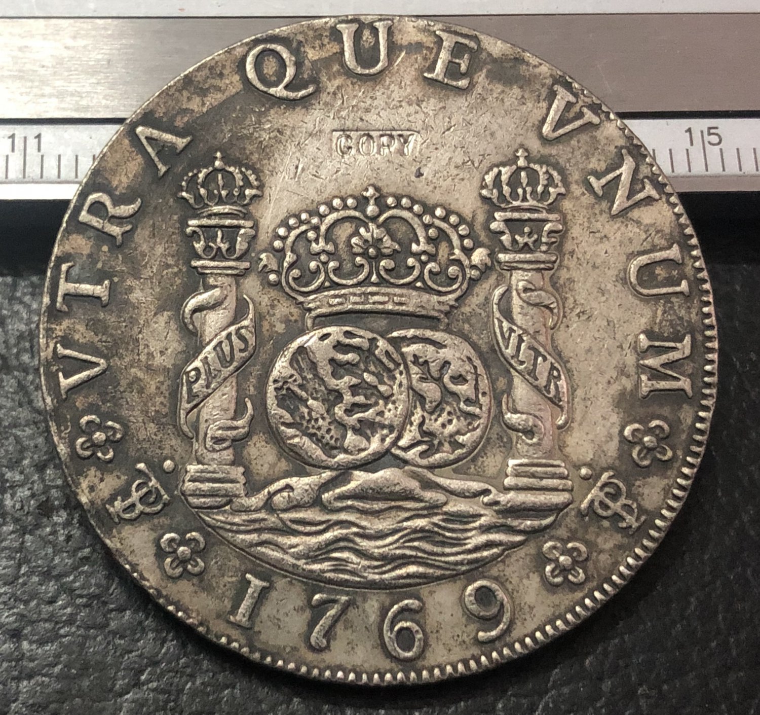 1769 (J.R) BOLIVIA Arms of Spain 8 Reales- Carlos III Silver Plated Copy Coin