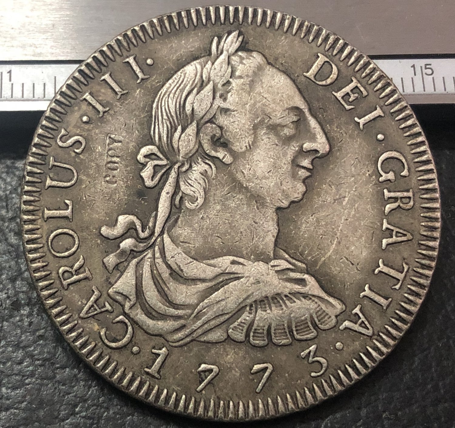 1773 (J.R) BOLIVIA Arms of Spain 8 Reales- Carlos III Silver Plated Copy Coin