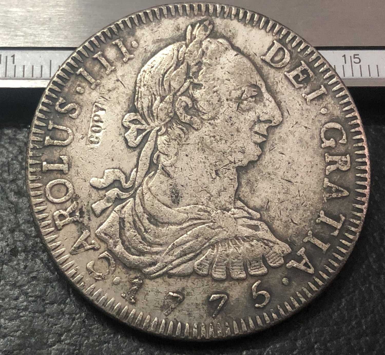 1775 (J.R) BOLIVIA Arms of Spain 8 Reales- Carlos III Silver Plated Copy Coin