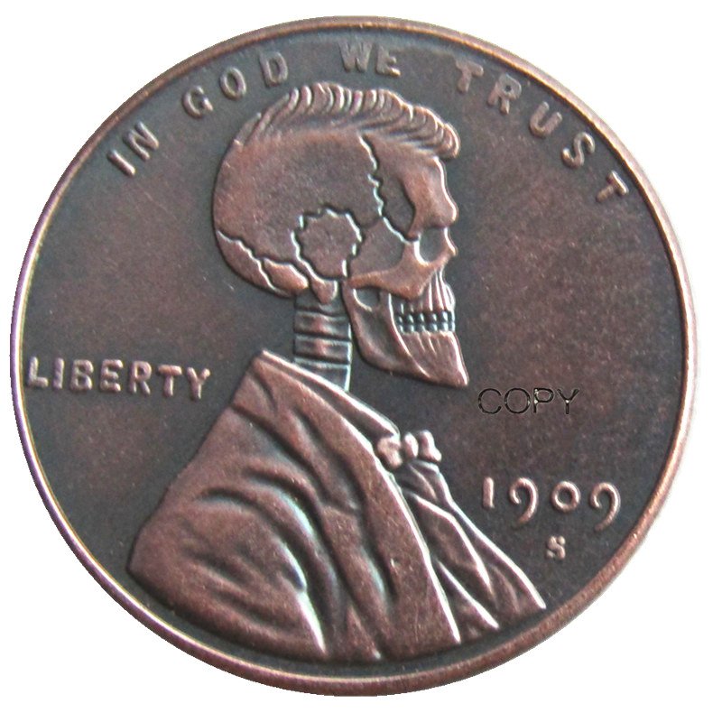 US(10) Hobo Nickel 1909S Lincoln Head Skull Zombie Skeleton Hand Carved Copy Coin No Stamp