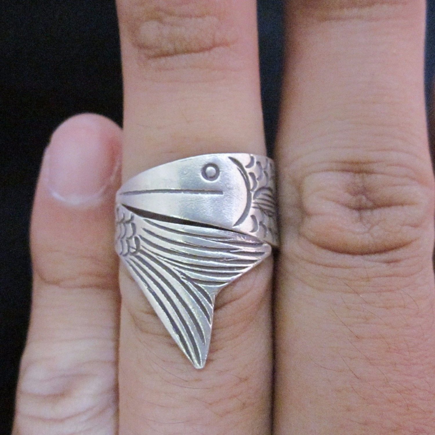 Fine Silver Jewelry Rings Ethno Anello Argento Adjustable Long Roll Fish 46021