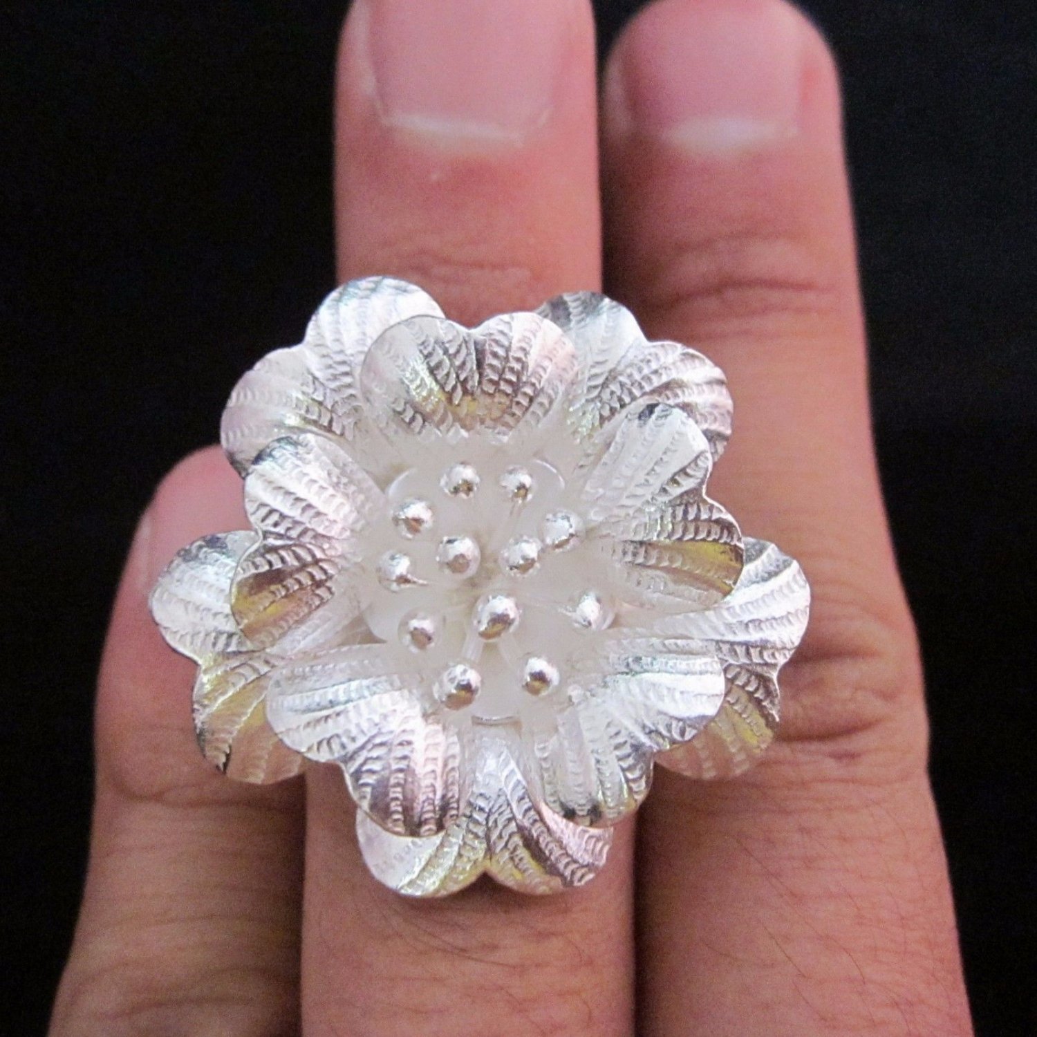 Fine Silver Jewelry Rings Ethno Anello Argento Adjustable White Flowers 4609