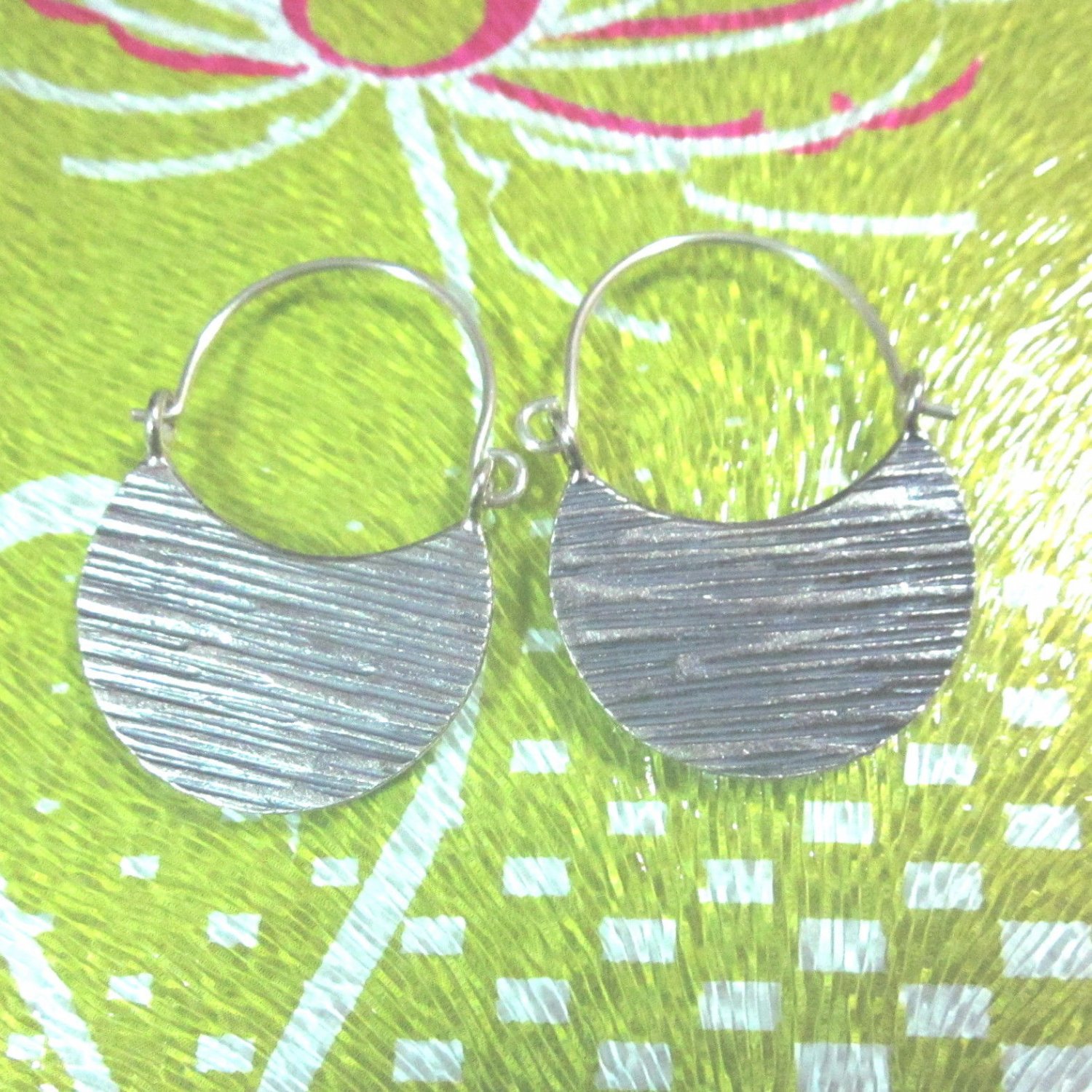 Hill Tribe Fine 925 Sterling Silver Earrings Huggie Hoop Tribal Scratch Jewelry