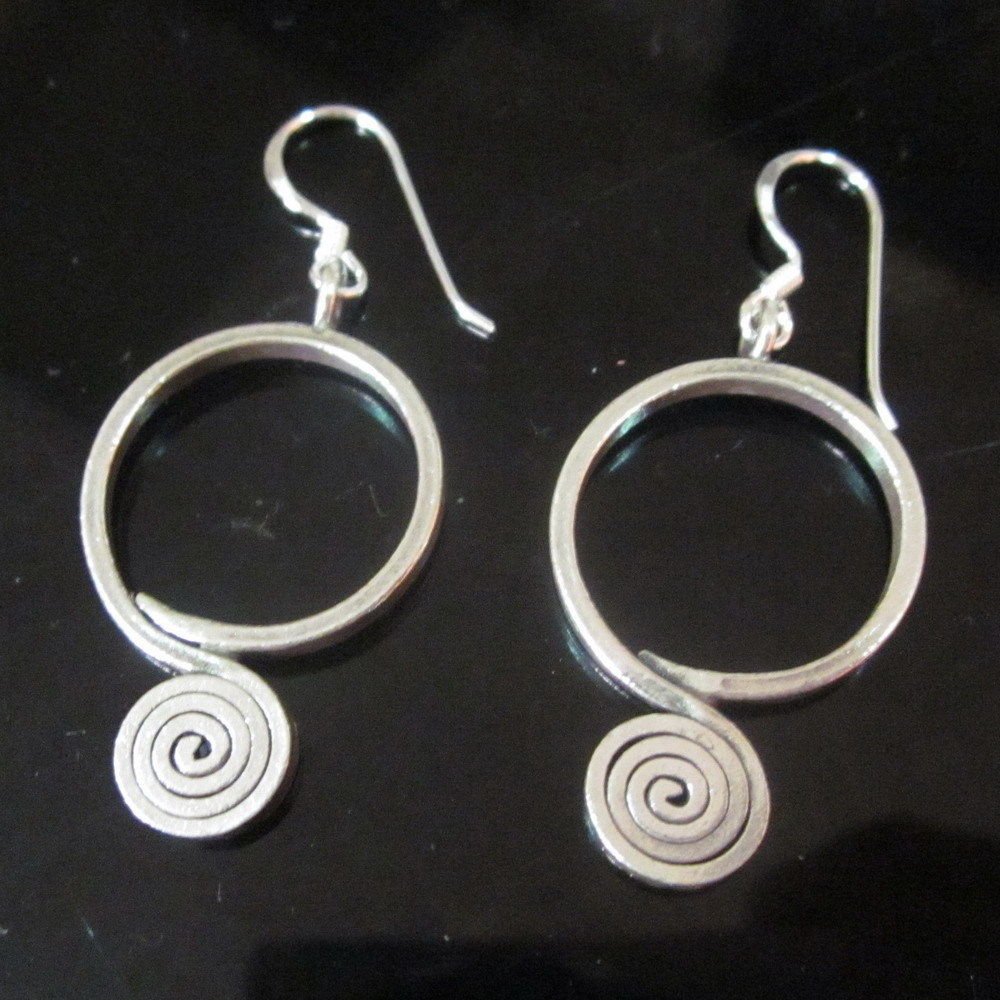 Hill Tribe Fine 925 Sterling Silver Earrings Spiral Ring Hoop Filigree Hippie
