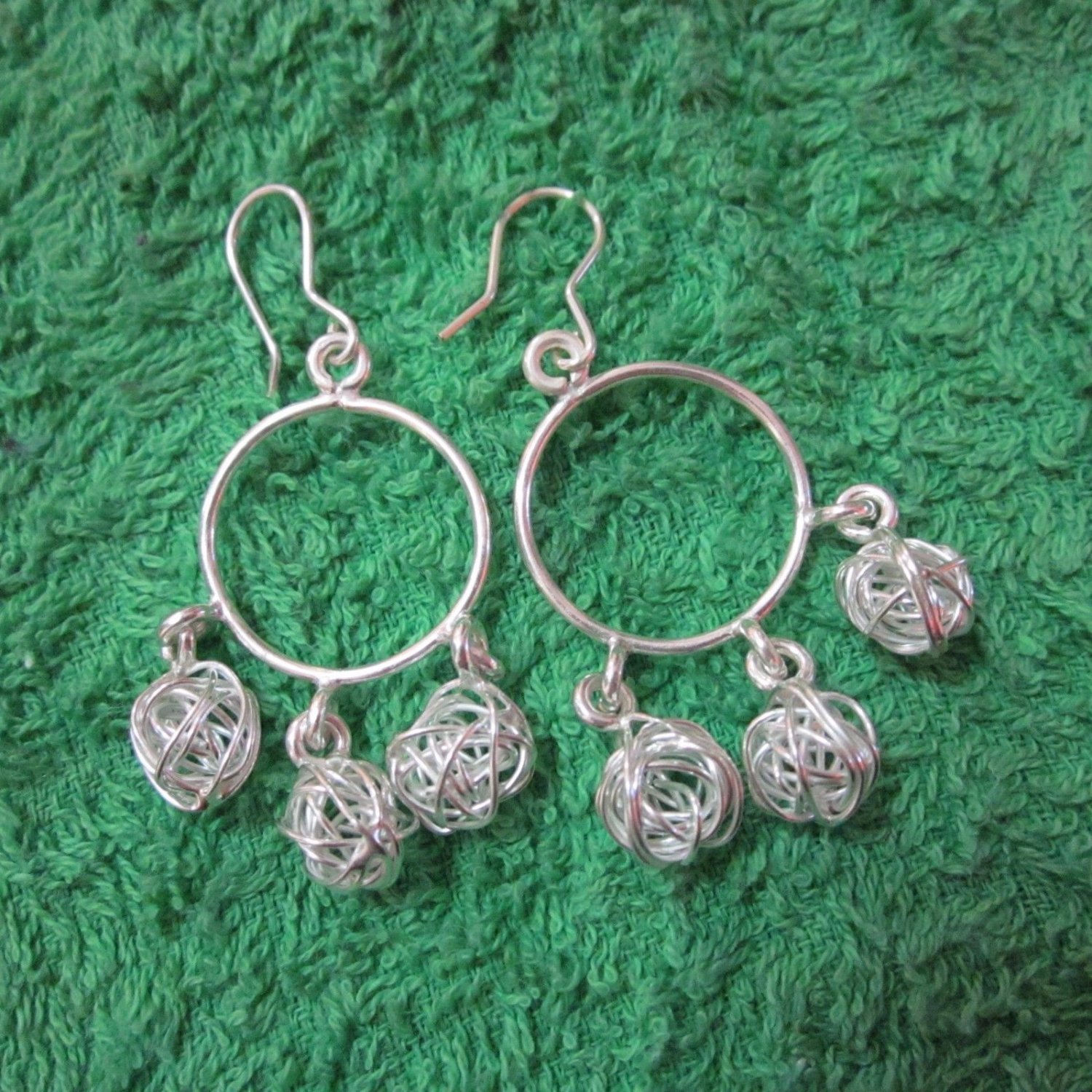 Hill Tribe Fine Sterling Silver Earrings Triple Nest balls Hanging Gorgeous Hoop