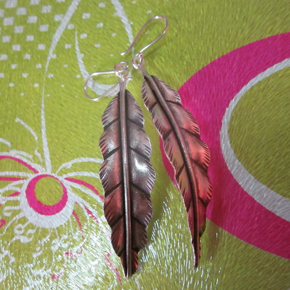 Hill Tribe Fine 925 Sterling Silver Earrings Long Sleeve Nature Leaf Feather