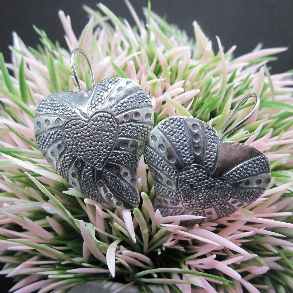 Hill Tribe Fine Sterling Silver Big Earrings Fashion Love & Hearts Hook Jewelry