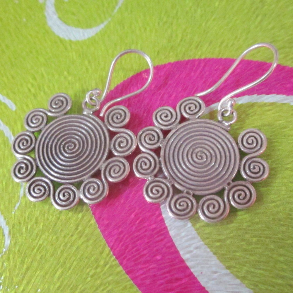 Hill Tribe Fine 925 Sterling Silver Earrings Filigree Swirl Spiral Mandara Aznec