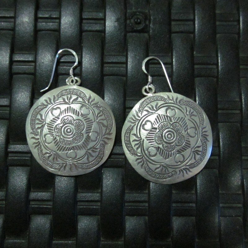 FINE SILVER EARRINGS 925 STERLING CRAFT ROUND VINTAGE DANGLE