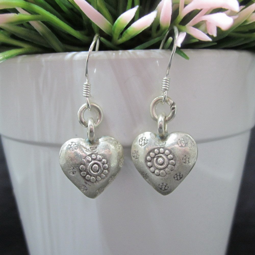 Hill Tribe Fine Sterling Silver Earrings Ethnic Dangle Love & Hearts Collectible