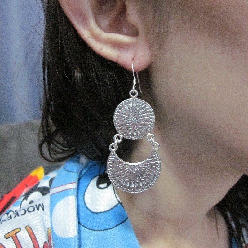 FINE SILVER EARRINGS 925 STERLING LONG TWIN LAYERS CRAFT TRIBAL TRADITIONAL