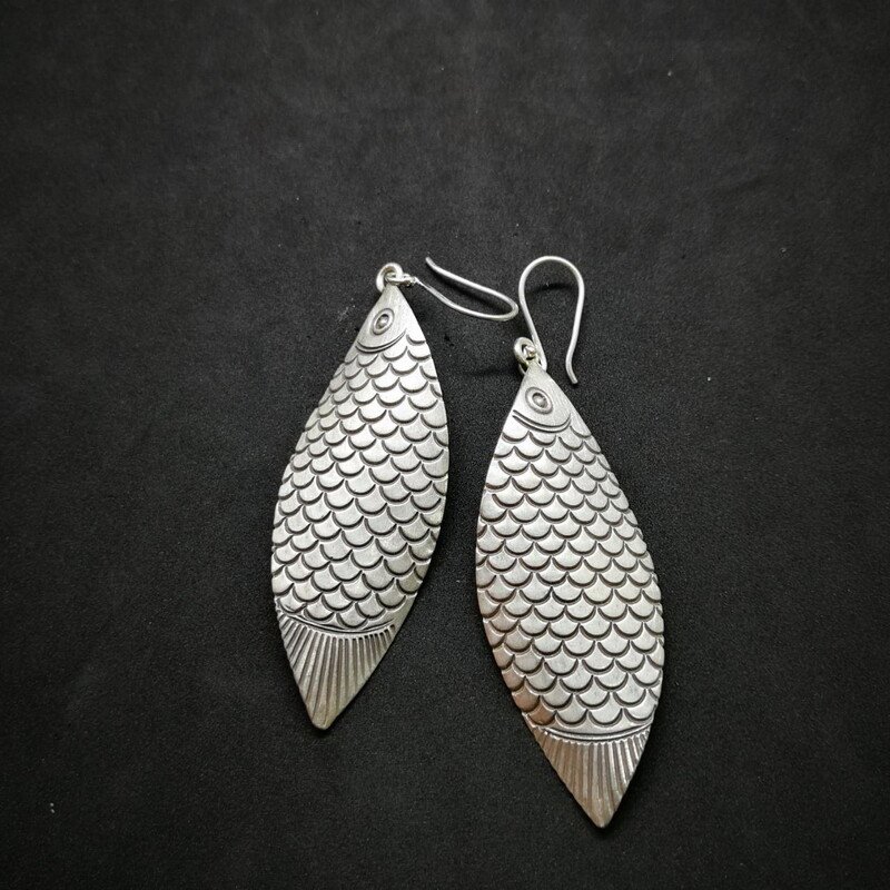 Fine Silver Earrings 925 Trout Fish Dangle Tribal BOHO Craft Collectible