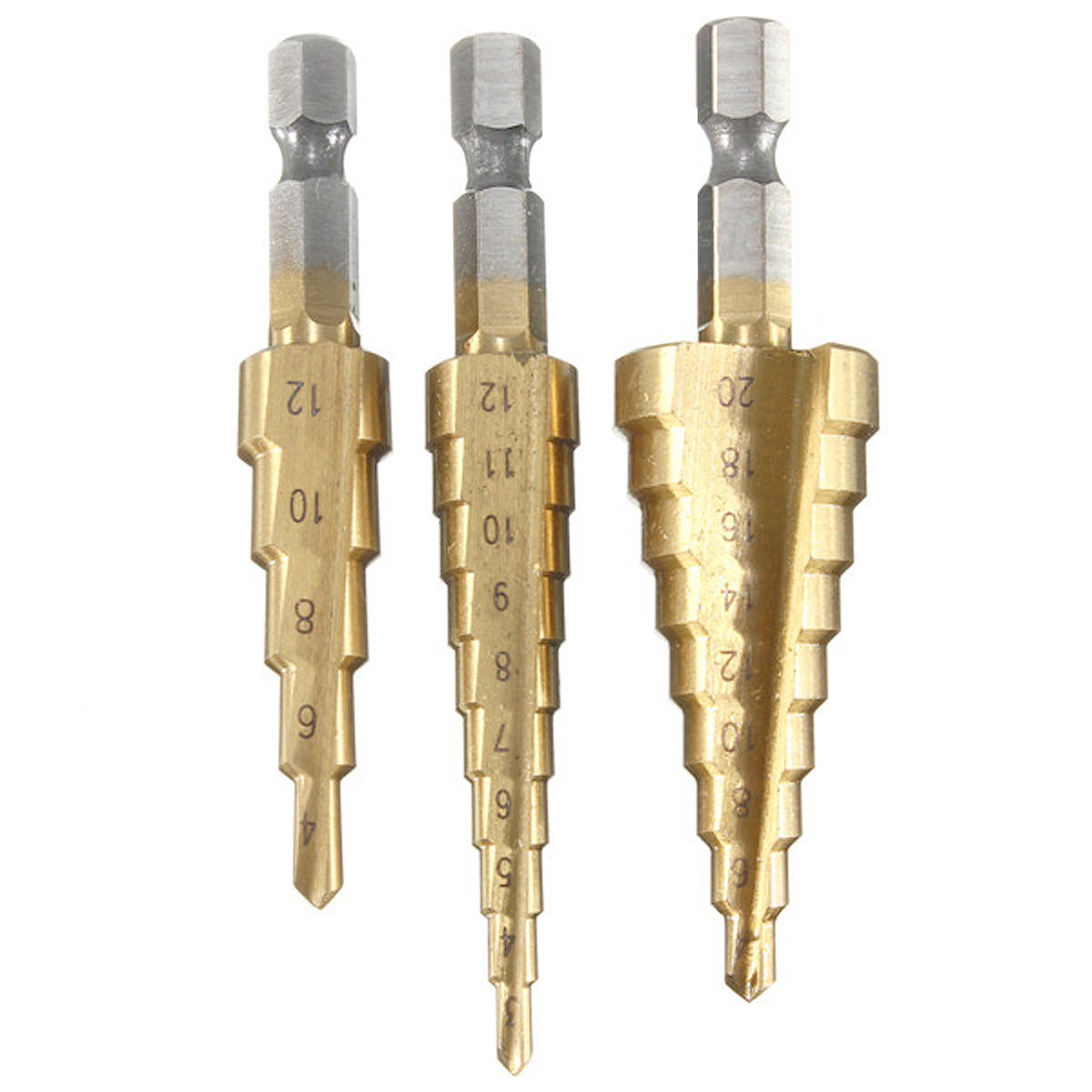 Step Drill Bit 2 Flute Titanium Coated HSS Impact Ready Cone 1/4" Hex Shank
