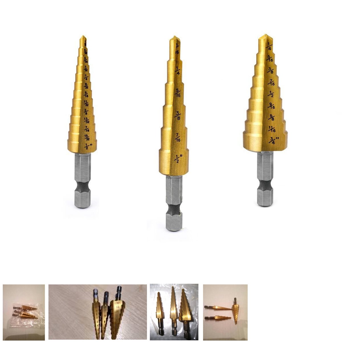 Titanium Step Drill Bit HSS Impact Ready Cone 2 Flute Spiral 1/4 inch Hex Shank