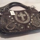 Western Cowgirl Purse Handbag Bling Rhinestone Cross Horseshoe Brown 14x8"
