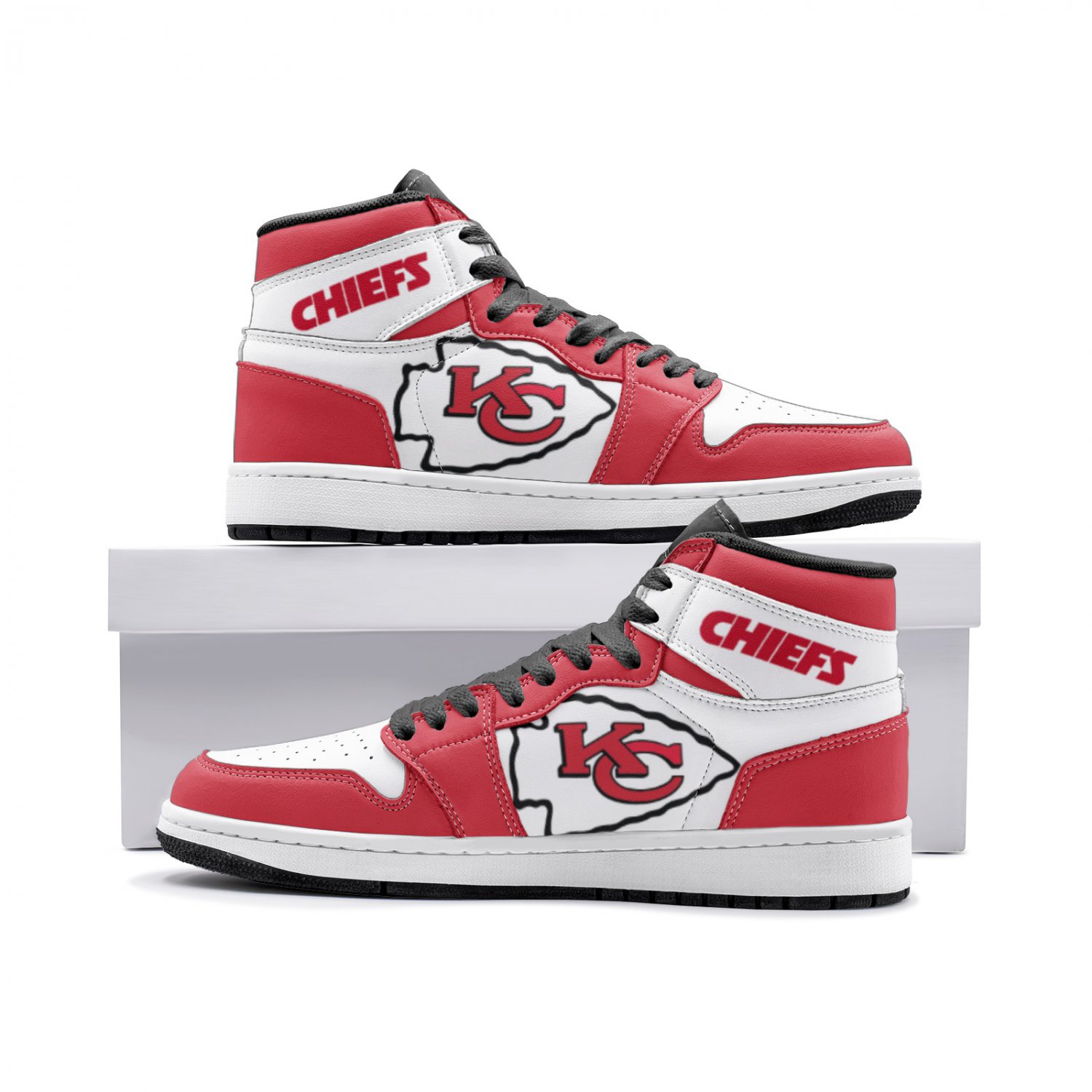 Kansas City Chiefs Men High-Top Sneakers, Custom NFL Team Fan Shoes, Red and White Fan Footwear