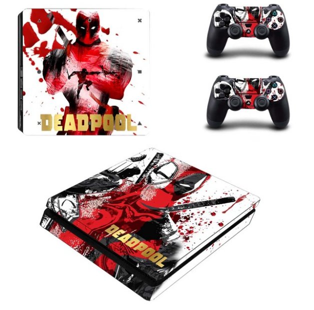 DealPool Protector Vinyl Skin Kit Deal Pool Decals for PS4 Slim Console + 2 Controller PS4 Slim S