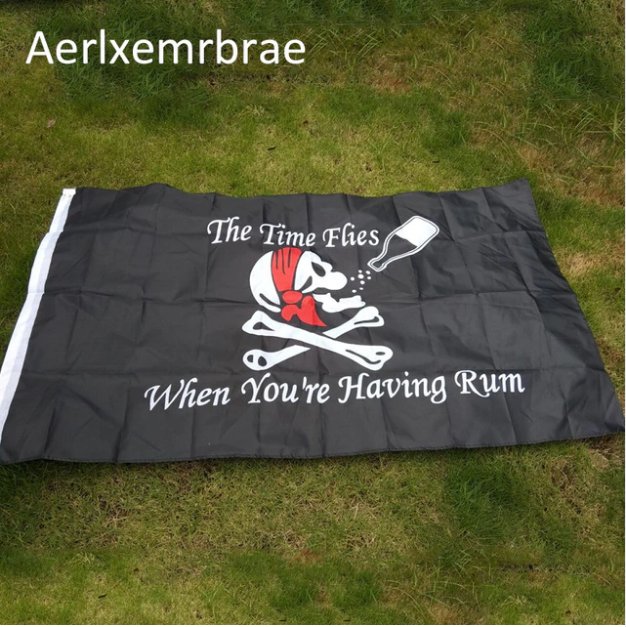 SKULL+JOLLY ROGER FLAG,THE TIME FLIES WHEN YOUR HAVING RUM PIRATE FLAG CROSSBONES FLAG