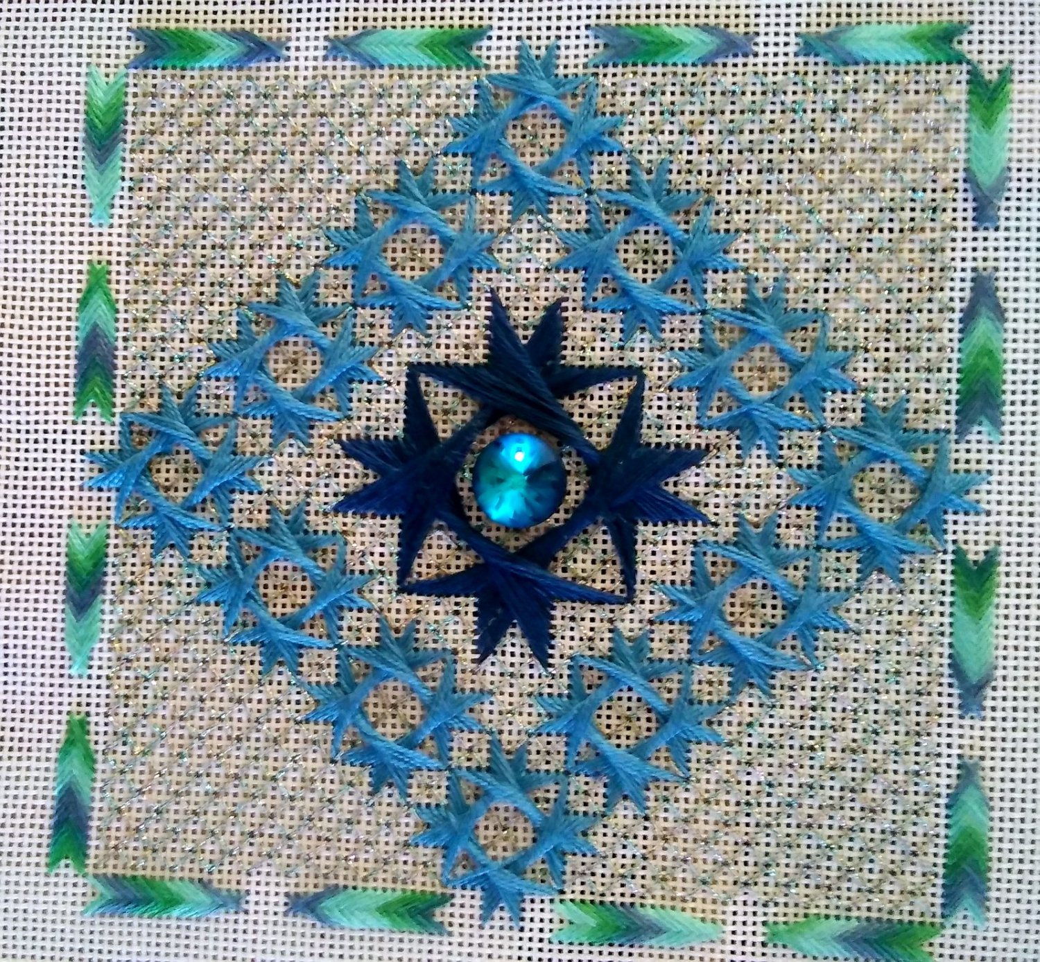 Blue Feathered Stars / Completed / Needlework / Ready to Frame / Gift / Wall Decor