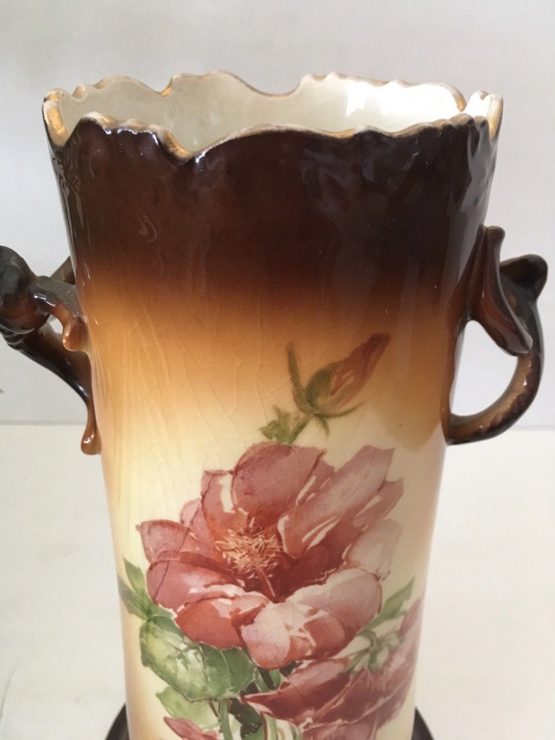 Antique IOGA Warwick Floral Vase, Double Handles, Scallop Edge