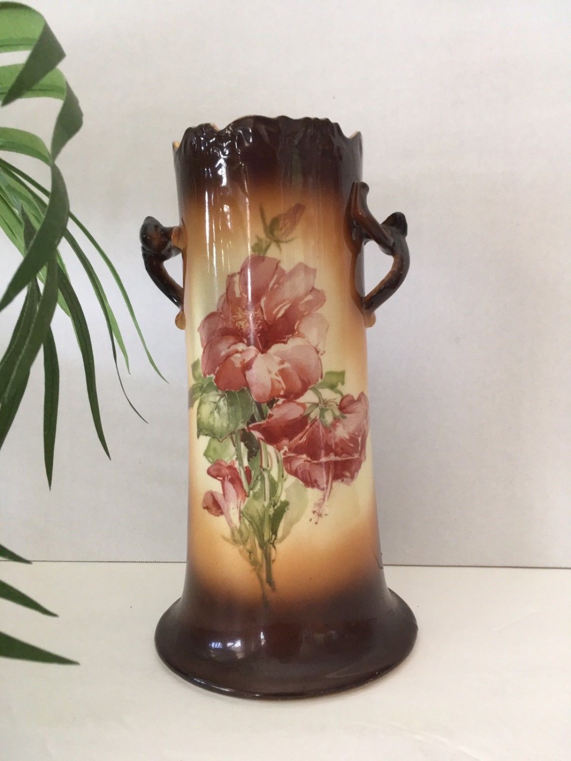 Antique IOGA Warwick Floral Vase, Double Handles, Scallop Edge