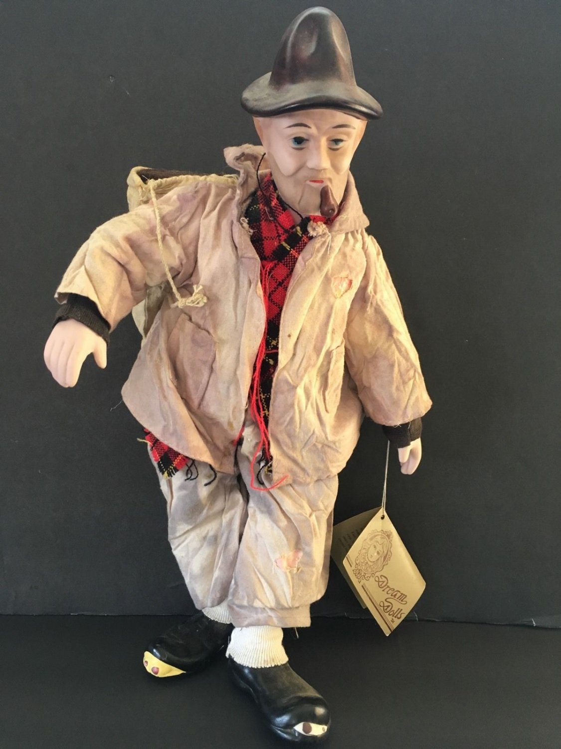 Hobo Clown Dream Doll 17" Brown Hat. Porcelain Head & Feet Hand Painted