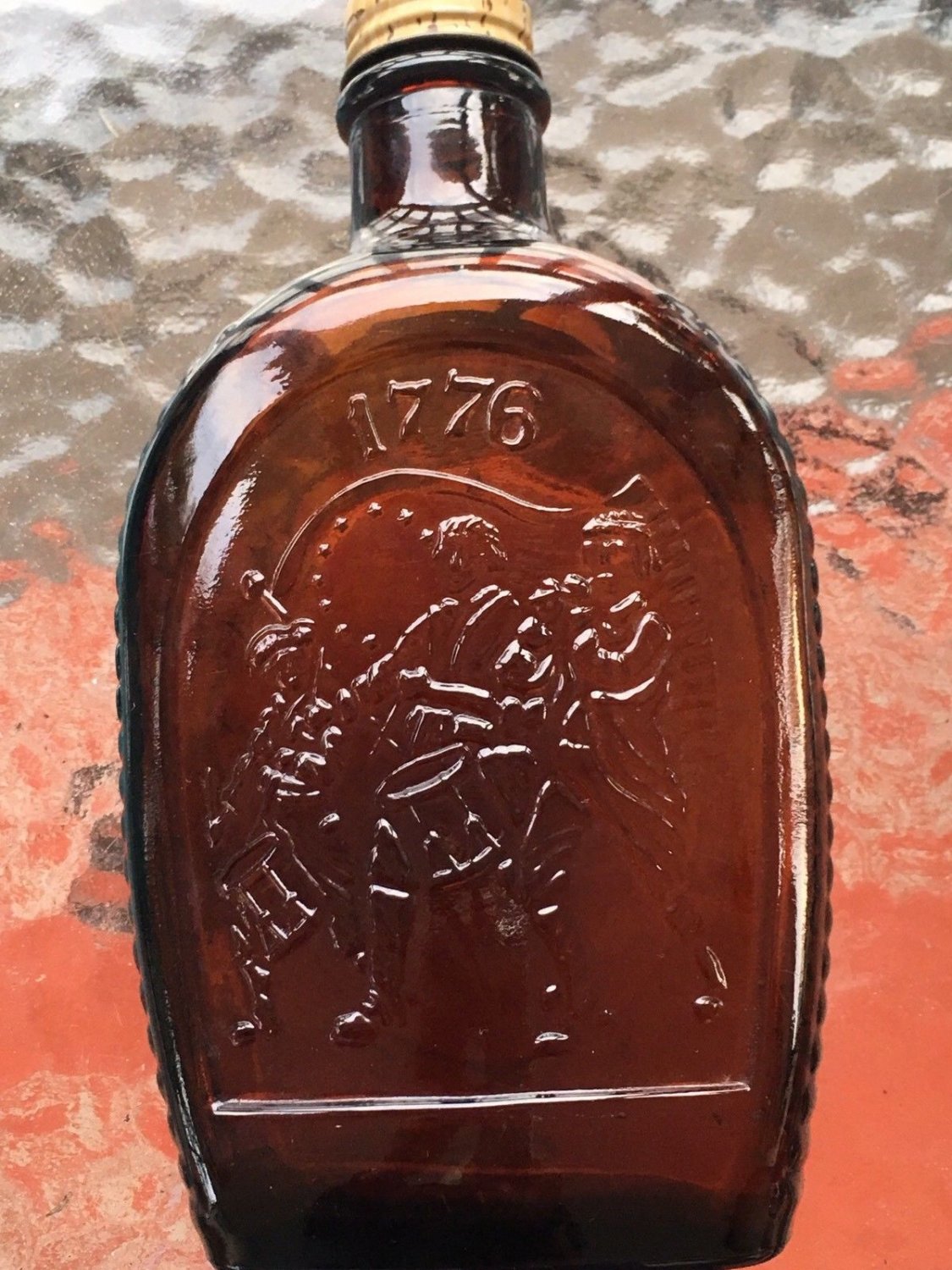 Vintage LOG CABIN Amber Colored Syrup Bottles BiCentennial Set Of 4