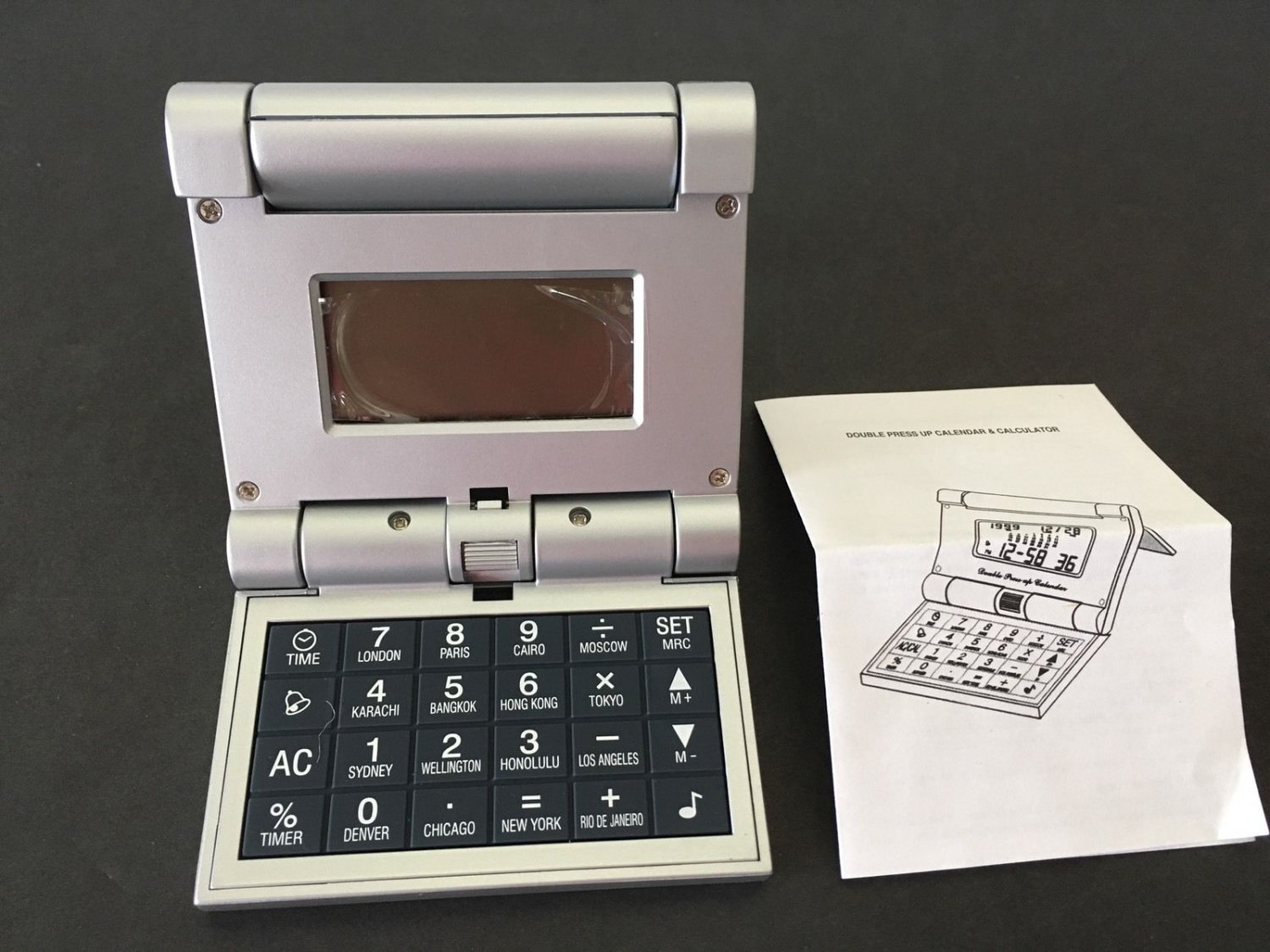 New Double PressUp Calculator Calendar World Clock Alarm Travel Flip up