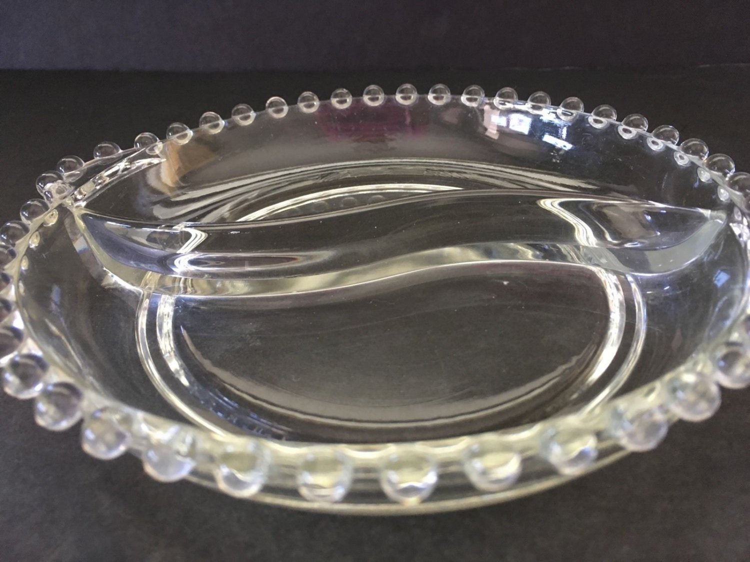 Beaded Glass Nut Candy Relish Divided Dish Imperial Candlewick Handles Vintage